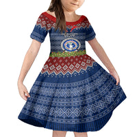 Personalised Northern Mariana Islands Christmas Kid Short Sleeve Dress Coat of Arms and Map Beautiful Merry Xmas Snowflake LT03 KID Blue - Polynesian Pride