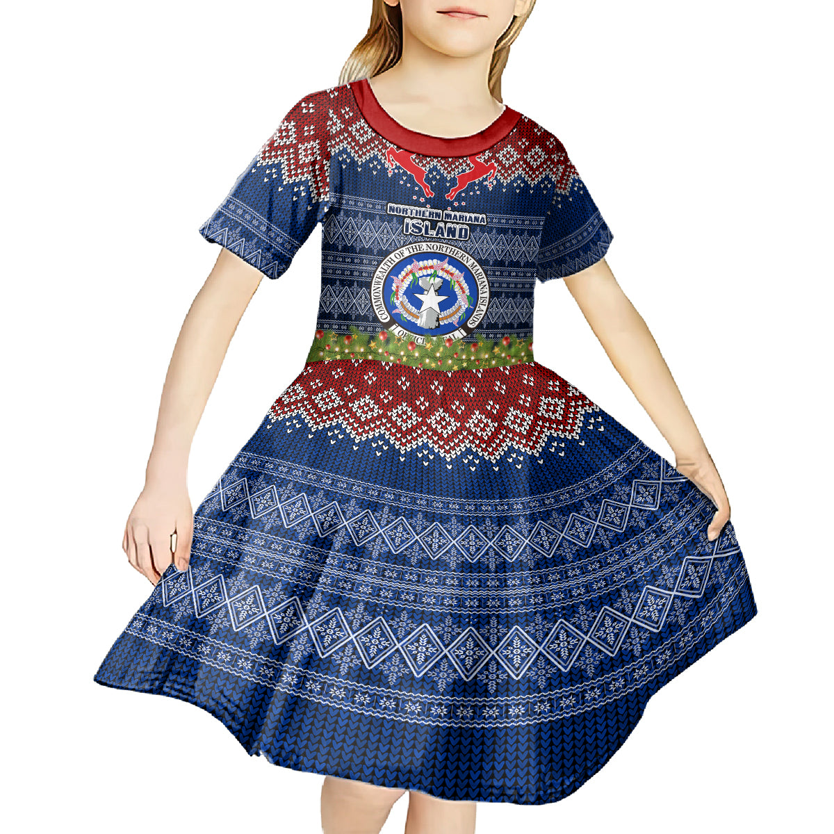 Personalised Northern Mariana Islands Christmas Kid Short Sleeve Dress Coat of Arms and Map Beautiful Merry Xmas Snowflake LT03 - Polynesian Pride