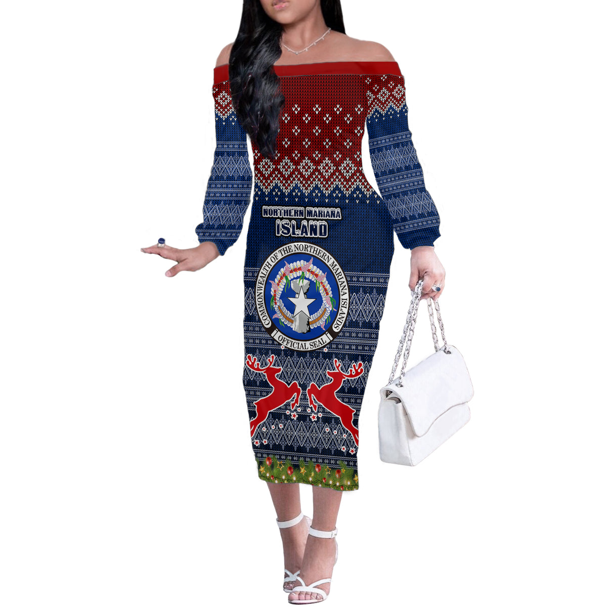 Personalised Northern Mariana Islands Christmas Off The Shoulder Long Sleeve Dress Coat of Arms and Map Beautiful Merry Xmas Snowflake LT03 Women Blue - Polynesian Pride