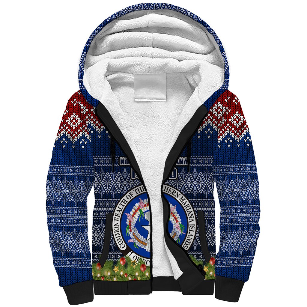 Personalised Northern Mariana Islands Christmas Sherpa Hoodie Coat of Arms and Map Beautiful Merry Xmas Snowflake LT03 Unisex Blue - Polynesian Pride