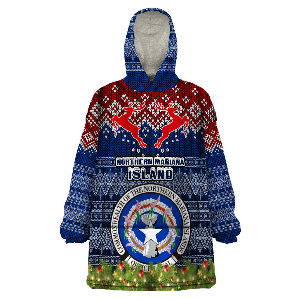 Personalised Northern Mariana Islands Christmas Wearable Blanket Hoodie Coat of Arms and Map Beautiful Merry Xmas Snowflake LT03 One Size Blue - Polynesian Pride