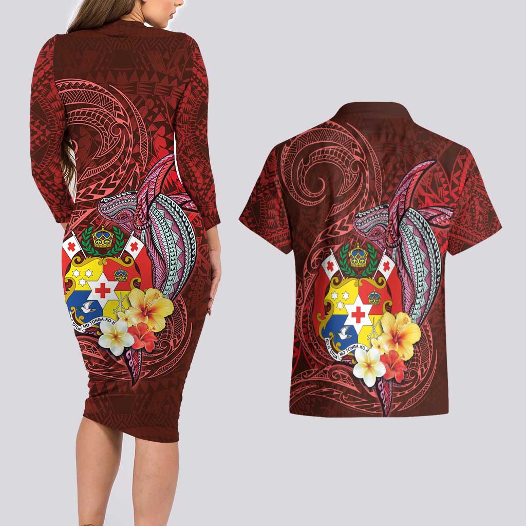 Tonga Humpback Whale Couples Matching Long Sleeve Bodycon Dress and Hawaiian Shirt National Seal with Hibiscus and Polynesian Tattoo LT03 - Polynesian Pride