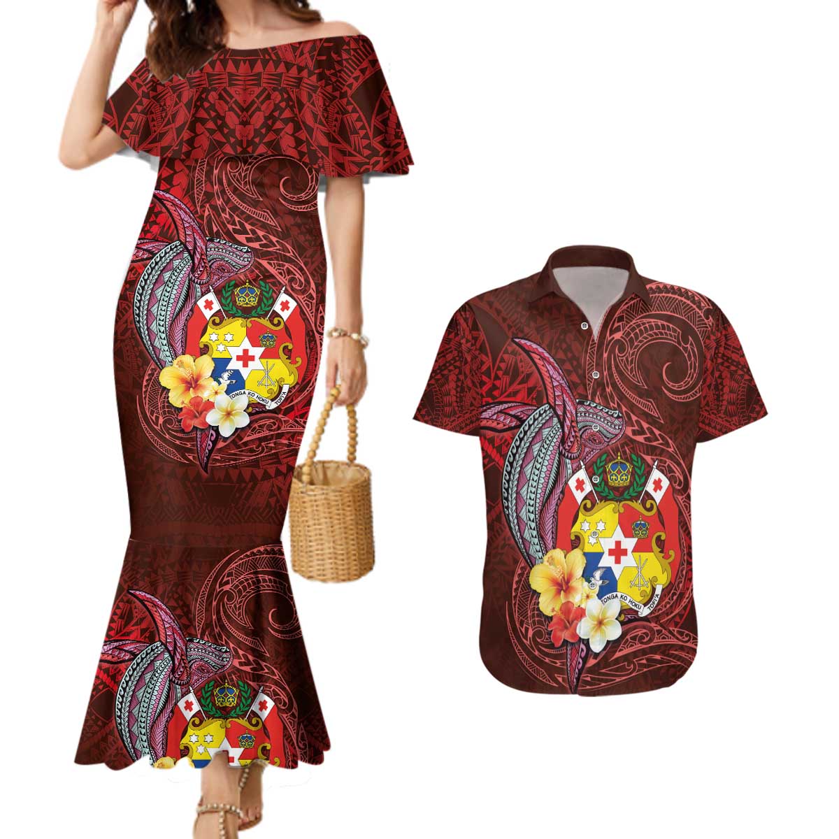 Tonga Humpback Whale Couples Matching Mermaid Dress and Hawaiian Shirt National Seal with Hibiscus and Polynesian Tattoo LT03 Red - Polynesian Pride