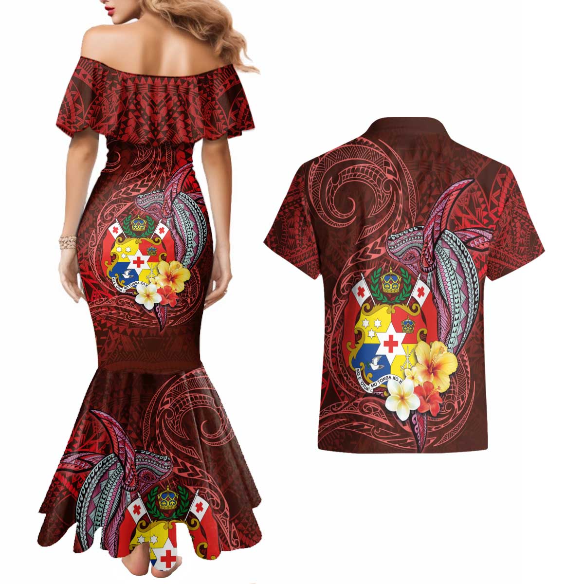 Tonga Humpback Whale Couples Matching Mermaid Dress and Hawaiian Shirt National Seal with Hibiscus and Polynesian Tattoo LT03 - Polynesian Pride