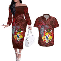 Tonga Humpback Whale Couples Matching Off The Shoulder Long Sleeve Dress and Hawaiian Shirt National Seal with Hibiscus and Polynesian Tattoo LT03 Red - Polynesian Pride