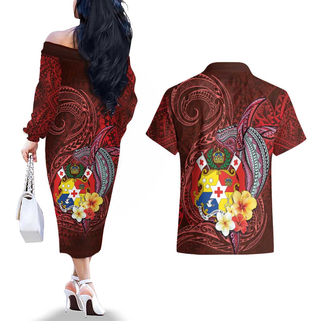 Tonga Humpback Whale Couples Matching Off The Shoulder Long Sleeve Dress and Hawaiian Shirt National Seal with Hibiscus and Polynesian Tattoo LT03 - Polynesian Pride