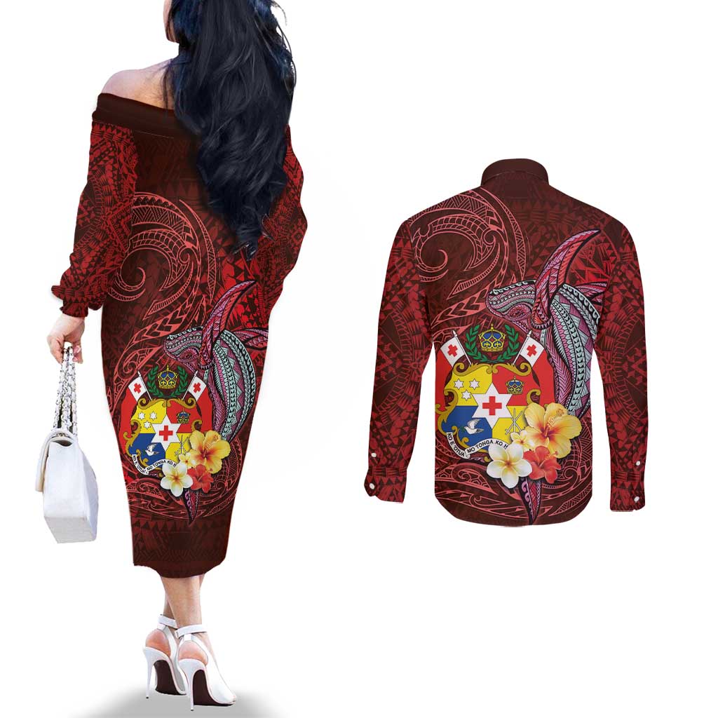 Tonga Humpback Whale Couples Matching Off The Shoulder Long Sleeve Dress and Long Sleeve Button Shirt National Seal with Hibiscus and Polynesian Tattoo
