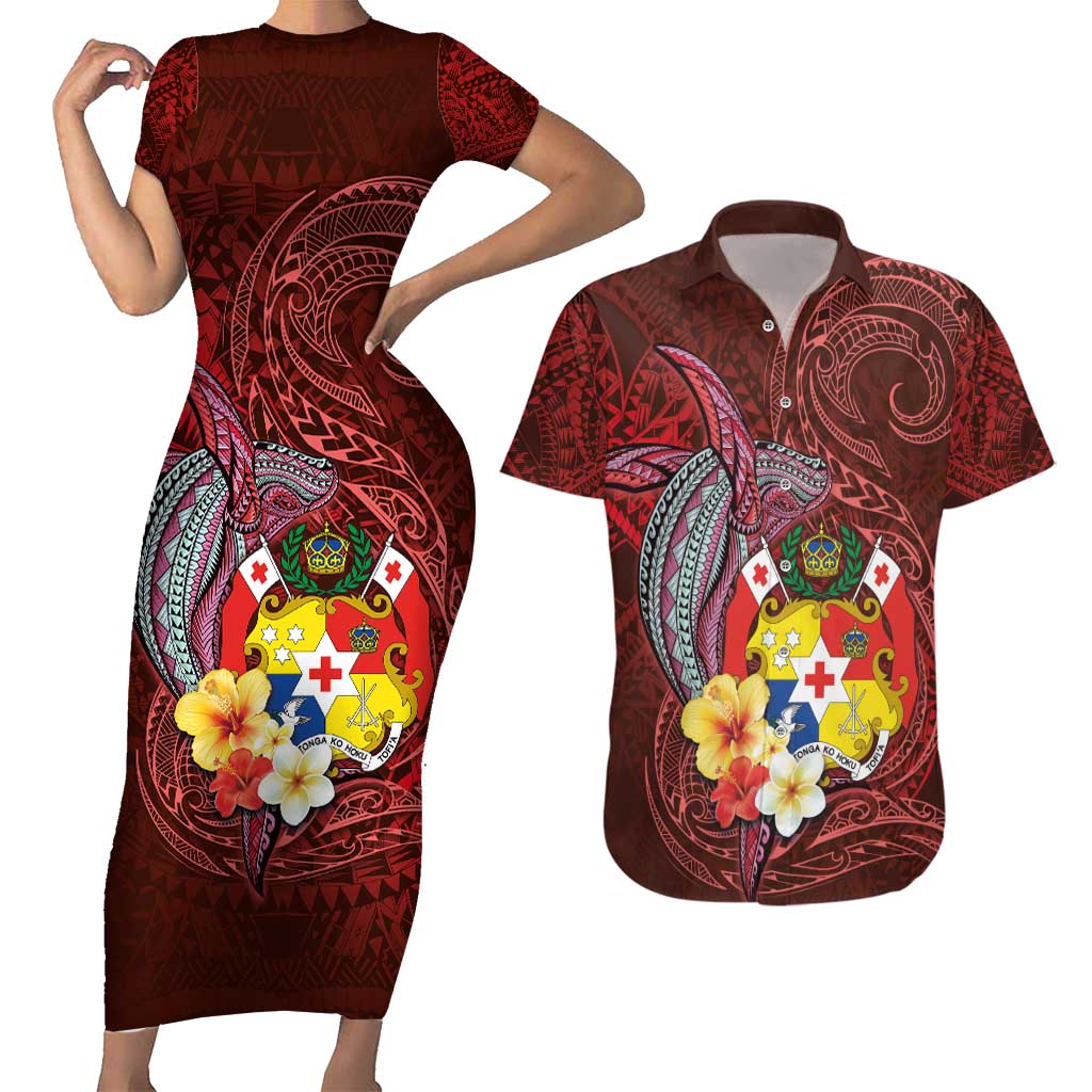 Tonga Humpback Whale Couples Matching Short Sleeve Bodycon Dress and Hawaiian Shirt National Seal with Hibiscus and Polynesian Tattoo LT03 Red - Polynesian Pride