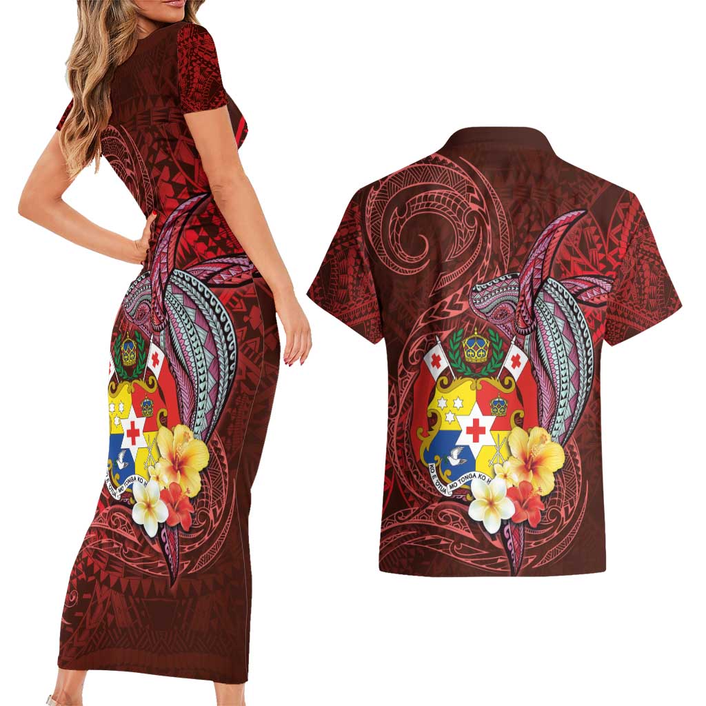Tonga Humpback Whale Couples Matching Short Sleeve Bodycon Dress and Hawaiian Shirt National Seal with Hibiscus and Polynesian Tattoo LT03 - Polynesian Pride