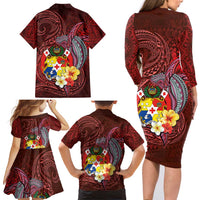 Tonga Humpback Whale Family Matching Long Sleeve Bodycon Dress and Hawaiian Shirt National Seal with Hibiscus and Polynesian Tattoo LT03 - Polynesian Pride