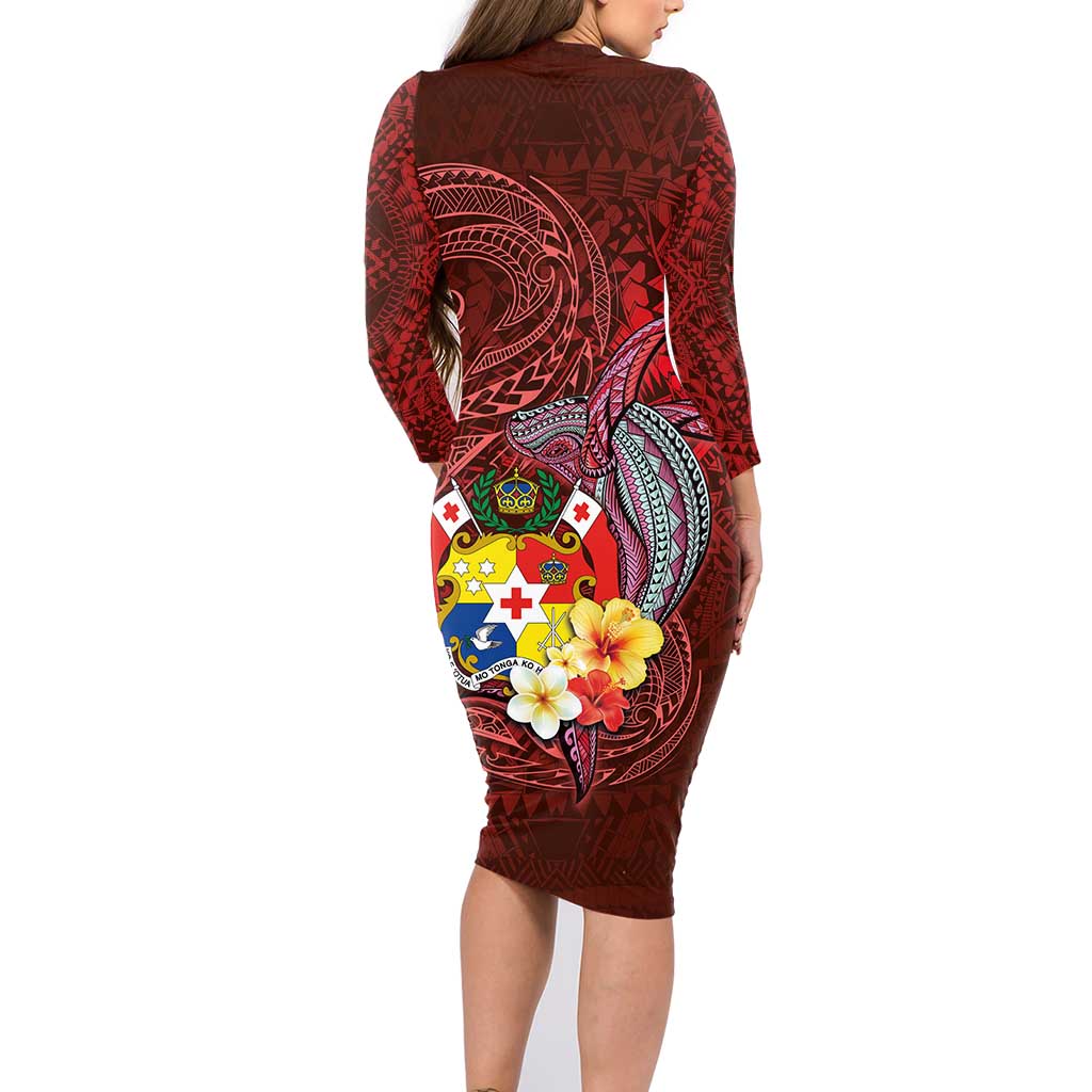 Tonga Humpback Whale Family Matching Long Sleeve Bodycon Dress and Hawaiian Shirt National Seal with Hibiscus and Polynesian Tattoo LT03 - Polynesian Pride