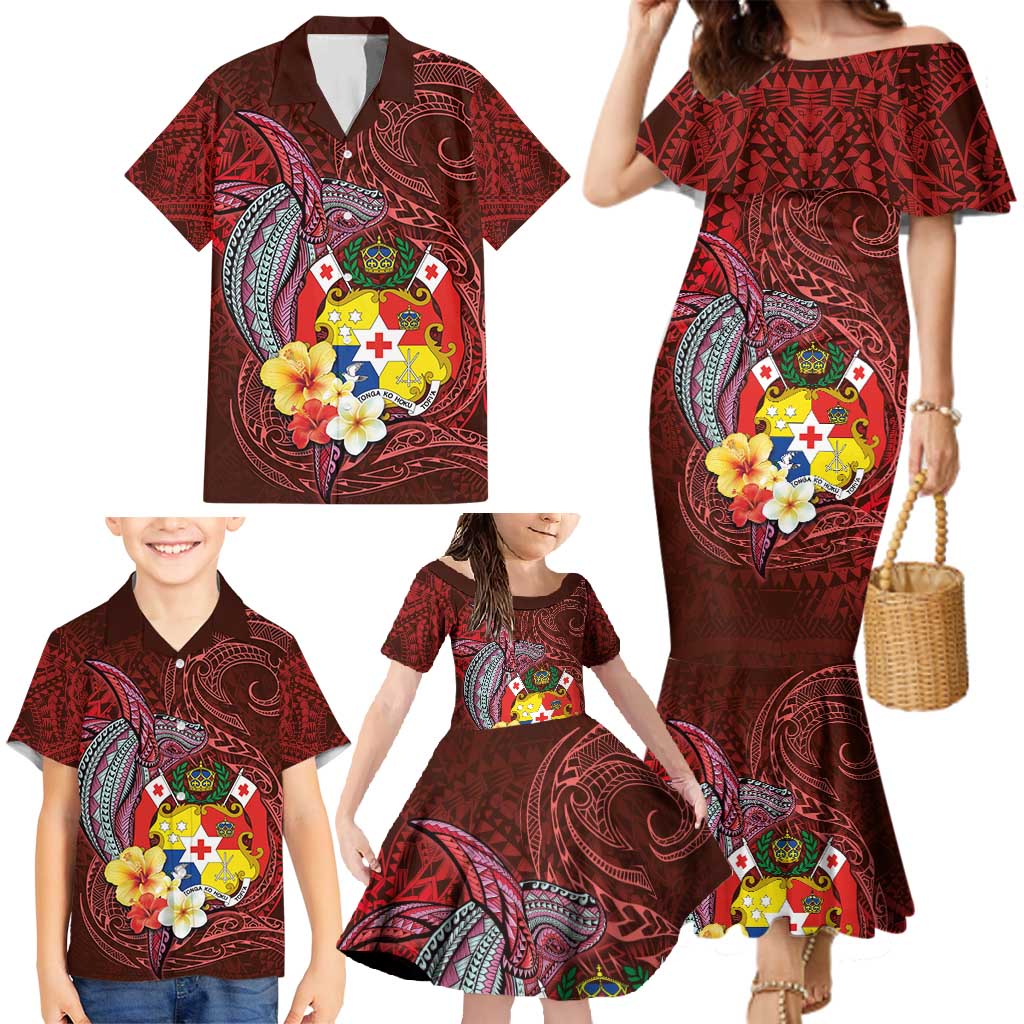 Tonga Humpback Whale Family Matching Mermaid Dress and Hawaiian Shirt National Seal with Hibiscus and Polynesian Tattoo LT03 - Polynesian Pride