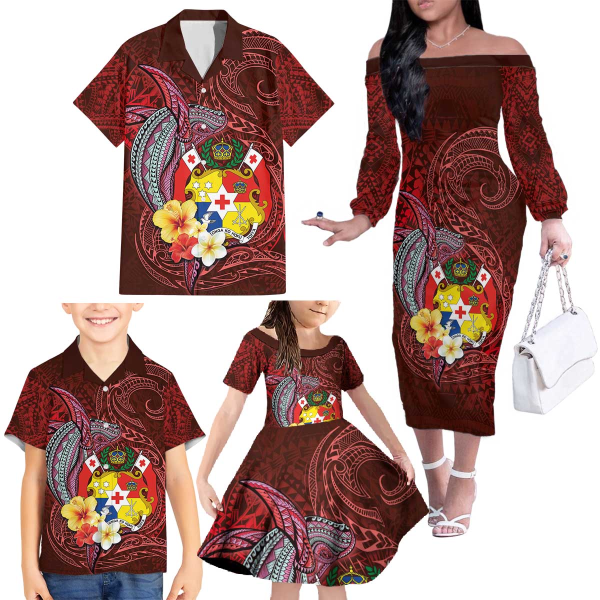 Tonga Humpback Whale Family Matching Off The Shoulder Long Sleeve Dress and Hawaiian Shirt National Seal with Hibiscus and Polynesian Tattoo LT03 - Polynesian Pride