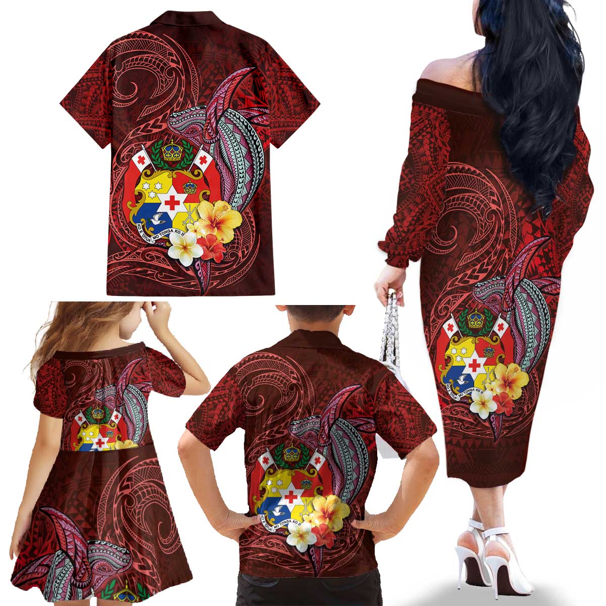 Tonga Humpback Whale Family Matching Off The Shoulder Long Sleeve Dress and Hawaiian Shirt National Seal with Hibiscus and Polynesian Tattoo LT03 - Polynesian Pride