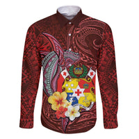 Tonga Humpback Whale Family Matching Off The Shoulder Long Sleeve Dress and Hawaiian Shirt National Seal with Hibiscus and Polynesian Tattoo LT03 Dad's Shirt - Long Sleeve Red - Polynesian Pride