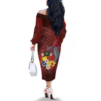 Tonga Humpback Whale Family Matching Off The Shoulder Long Sleeve Dress and Hawaiian Shirt National Seal with Hibiscus and Polynesian Tattoo LT03 - Polynesian Pride