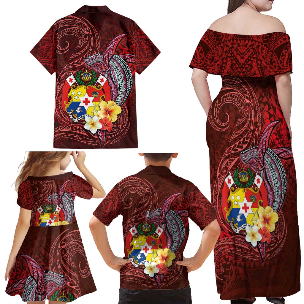 Tonga Humpback Whale Family Matching Off Shoulder Maxi Dress and Hawaiian Shirt National Seal with Hibiscus and Polynesian Tattoo LT03 - Polynesian Pride