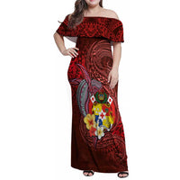 Tonga Humpback Whale Family Matching Off Shoulder Maxi Dress and Hawaiian Shirt National Seal with Hibiscus and Polynesian Tattoo LT03 Mom's Dress Red - Polynesian Pride