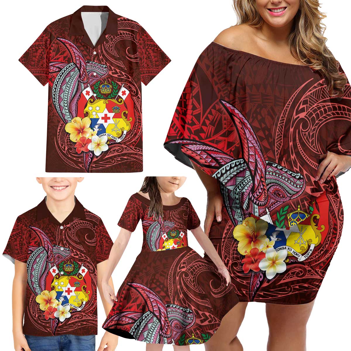Tonga Humpback Whale Family Matching Off Shoulder Short Dress and Hawaiian Shirt National Seal with Hibiscus and Polynesian Tattoo LT03 - Polynesian Pride