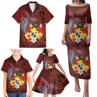 Tonga Humpback Whale Family Matching Puletasi and Hawaiian Shirt National Seal with Hibiscus and Polynesian Tattoo LT03 - Polynesian Pride
