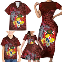 Tonga Humpback Whale Family Matching Short Sleeve Bodycon Dress and Hawaiian Shirt National Seal with Hibiscus and Polynesian Tattoo LT03 - Polynesian Pride