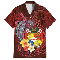 Tonga Humpback Whale Family Matching Short Sleeve Bodycon Dress and Hawaiian Shirt National Seal with Hibiscus and Polynesian Tattoo LT03 Dad's Shirt - Short Sleeve Red - Polynesian Pride
