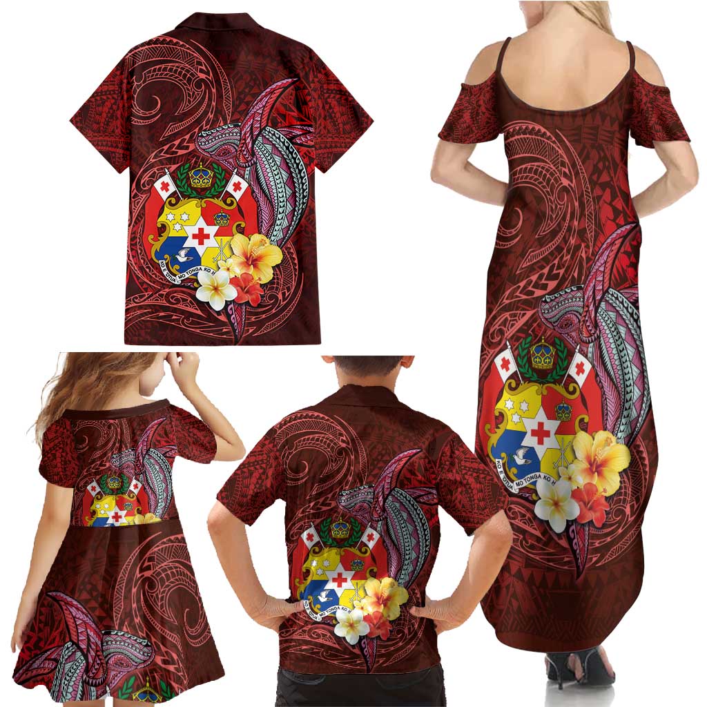 Tonga Humpback Whale Family Matching Summer Maxi Dress and Hawaiian Shirt National Seal with Hibiscus and Polynesian Tattoo LT03 - Polynesian Pride