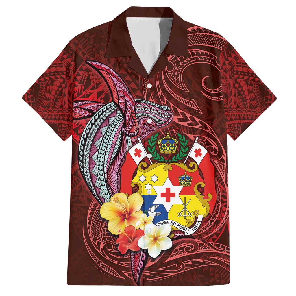 Tonga Humpback Whale Family Matching Summer Maxi Dress and Hawaiian Shirt National Seal with Hibiscus and Polynesian Tattoo LT03 Dad's Shirt - Short Sleeve Red - Polynesian Pride
