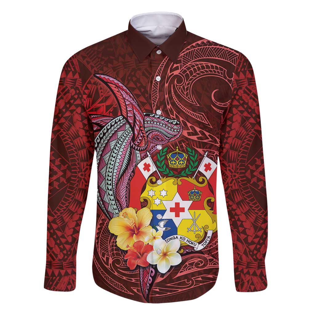 Tonga Humpback Whale Family Matching Summer Maxi Dress and Hawaiian Shirt National Seal with Hibiscus and Polynesian Tattoo LT03 Dad's Shirt - Long Sleeve Red - Polynesian Pride
