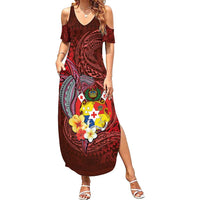 Tonga Humpback Whale Family Matching Summer Maxi Dress and Hawaiian Shirt National Seal with Hibiscus and Polynesian Tattoo LT03 Mom's Dress Red - Polynesian Pride