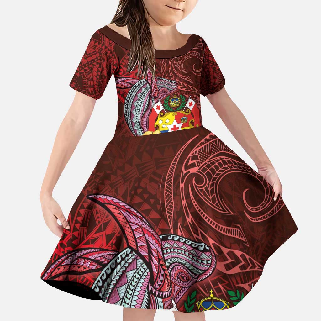 Tonga Humpback Whale Family Matching Tank Maxi Dress and Hawaiian Shirt National Seal with Hibiscus and Polynesian Tattoo LT03 Daughter's Dress Red - Polynesian Pride