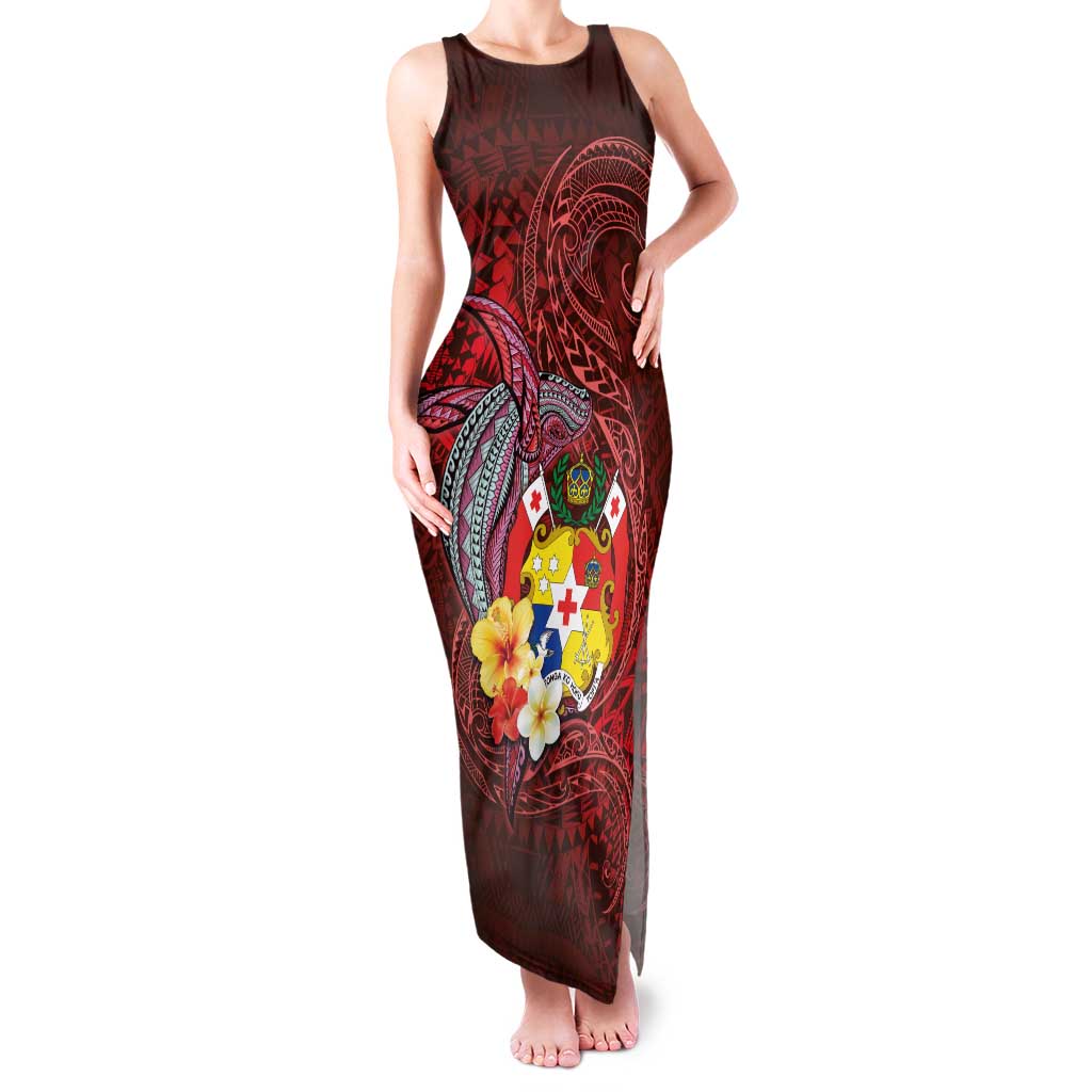 Tonga Humpback Whale Family Matching Tank Maxi Dress and Hawaiian Shirt National Seal with Hibiscus and Polynesian Tattoo LT03 Mom's Dress Red - Polynesian Pride
