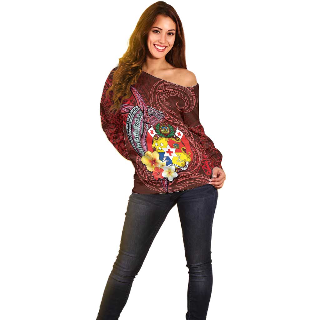 Tonga Humpback Whale Off Shoulder Sweater National Seal with Hibiscus and Polynesian Tattoo