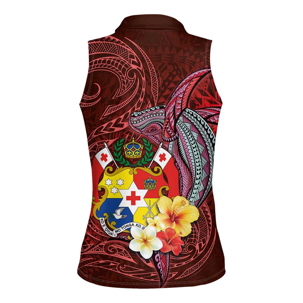 Tonga Humpback Whale Women Sleeveless Polo Shirt National Seal with Hibiscus and Polynesian Tattoo