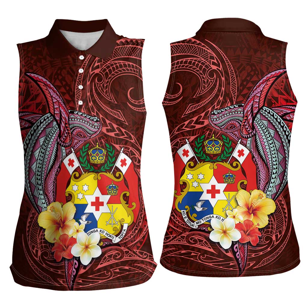 Tonga Humpback Whale Women Sleeveless Polo Shirt National Seal with Hibiscus and Polynesian Tattoo