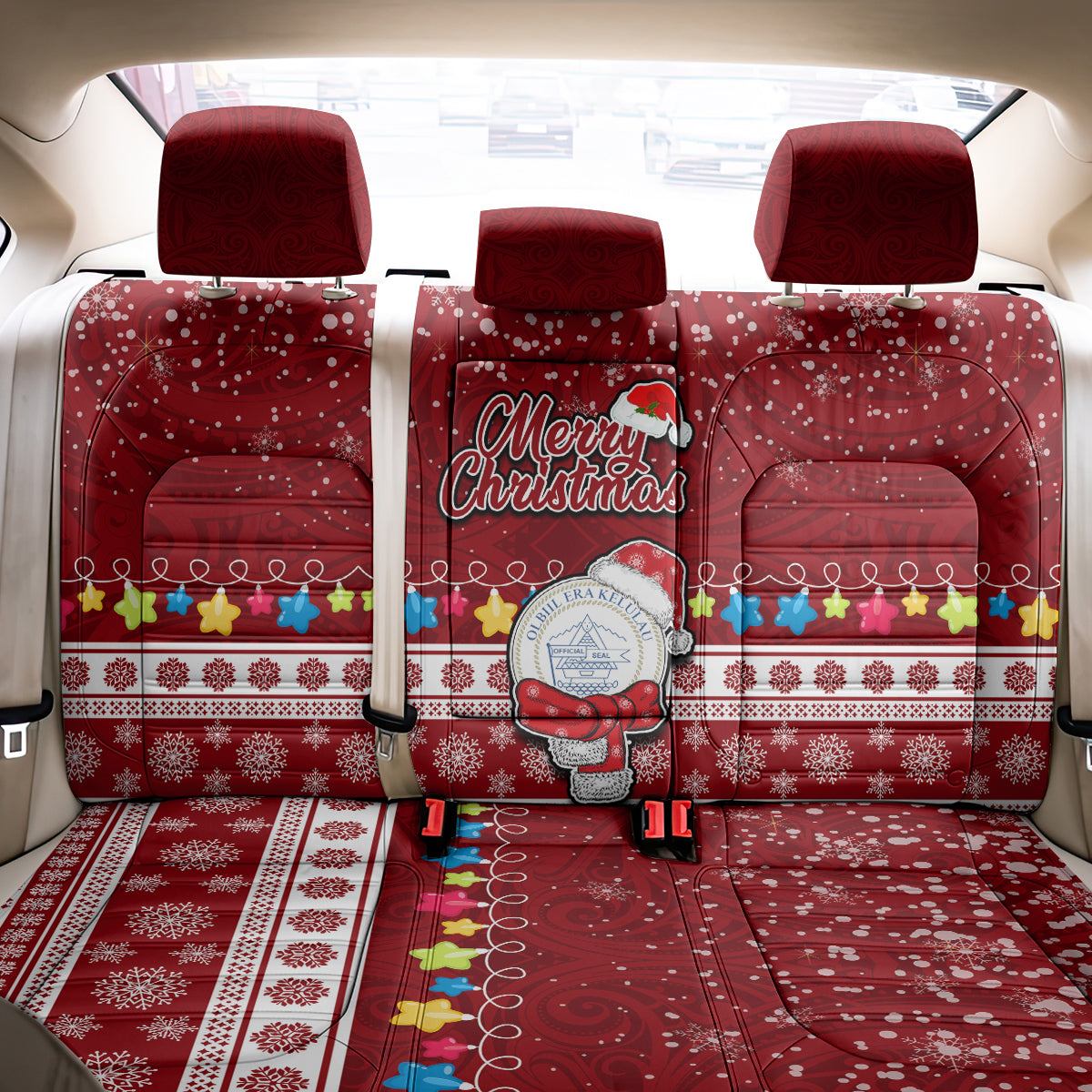 Palau Christmas Back Car Seat Cover Snowman and Palau Coat of Arms Maori Tribal Xmas Style LT03 - Polynesian Pride