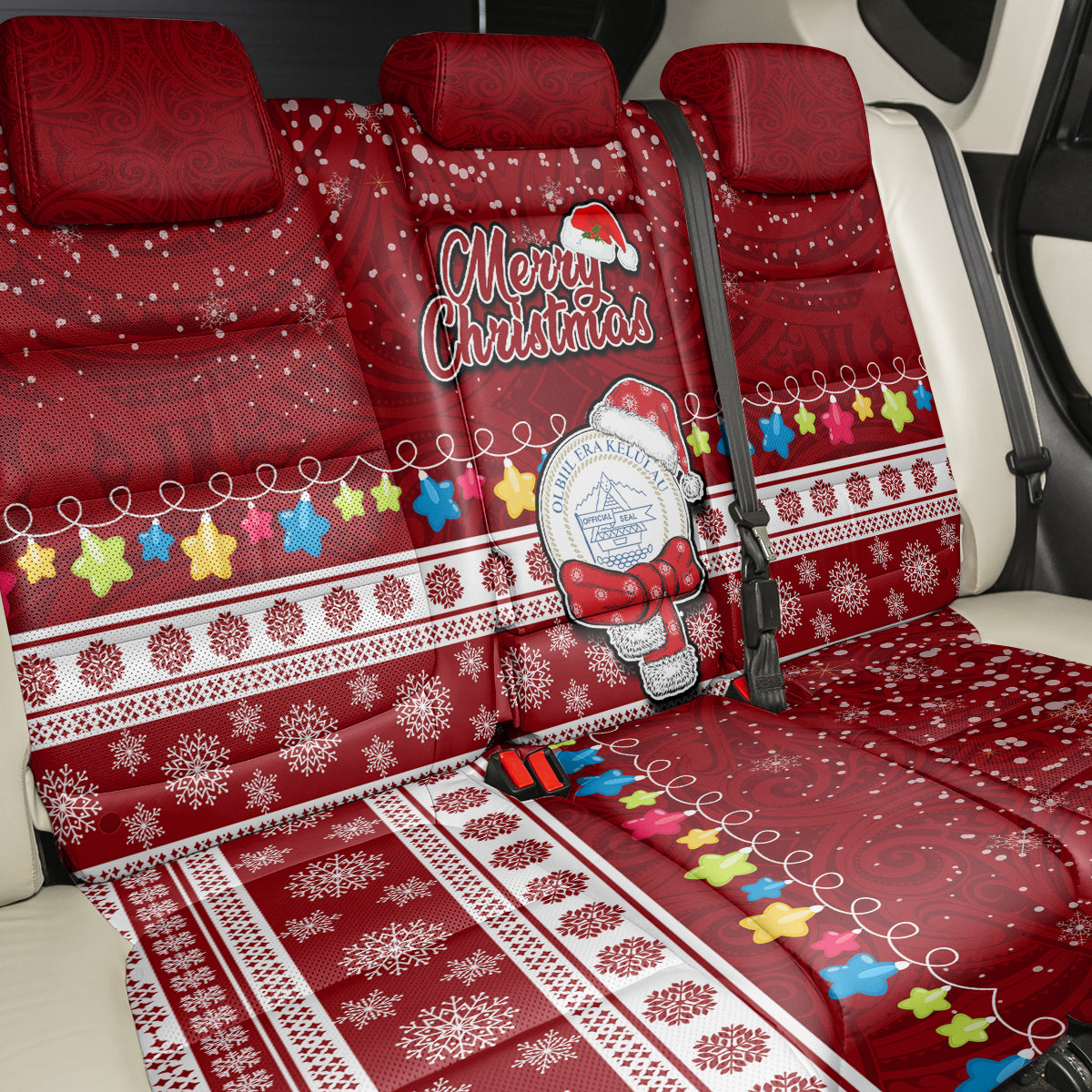 Palau Christmas Back Car Seat Cover Snowman and Palau Coat of Arms Maori Tribal Xmas Style LT03 - Polynesian Pride