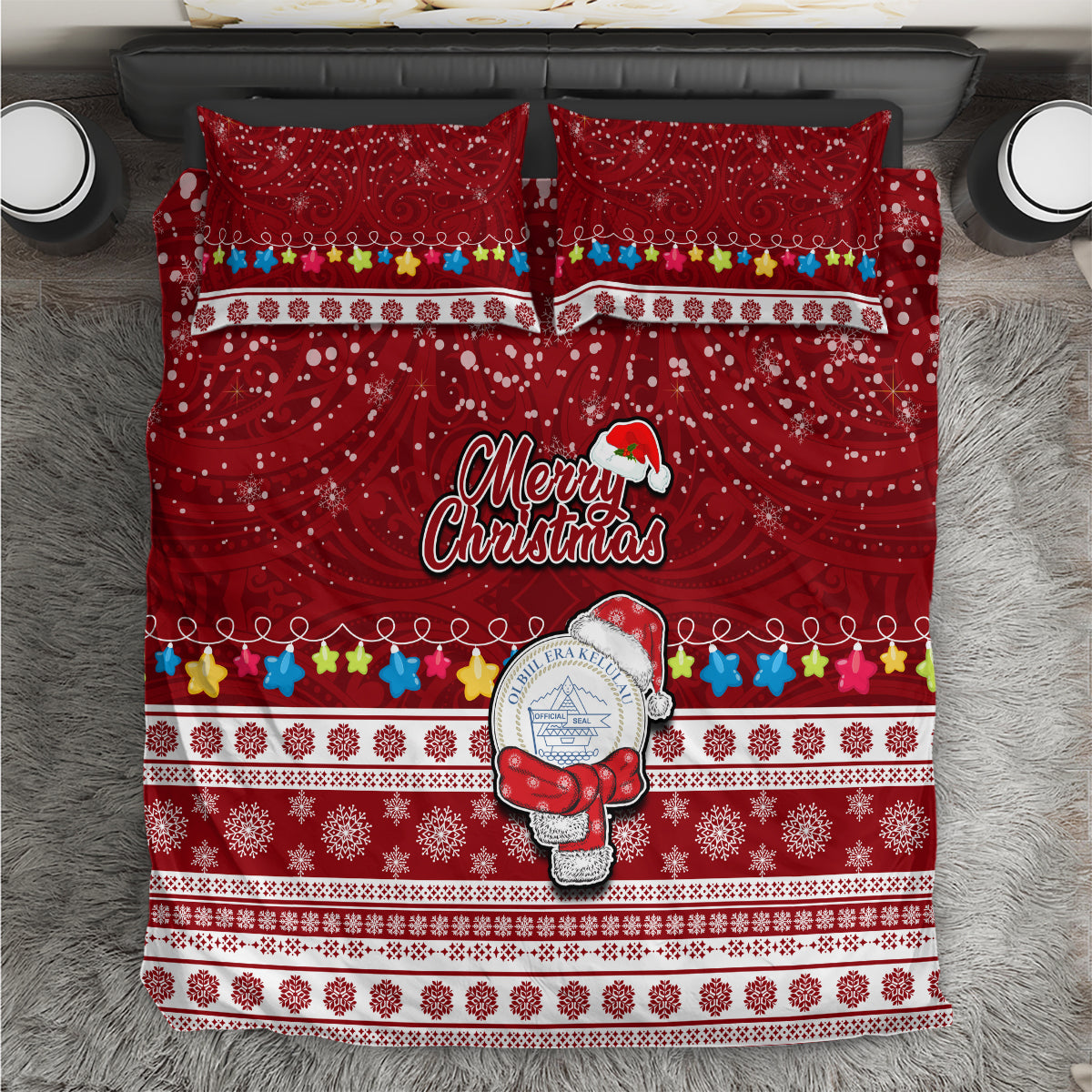 Palau Christmas Bedding Set Snowman and Palau Coat of Arms Maori Tribal Xmas Style LT03 Red - Polynesian Pride