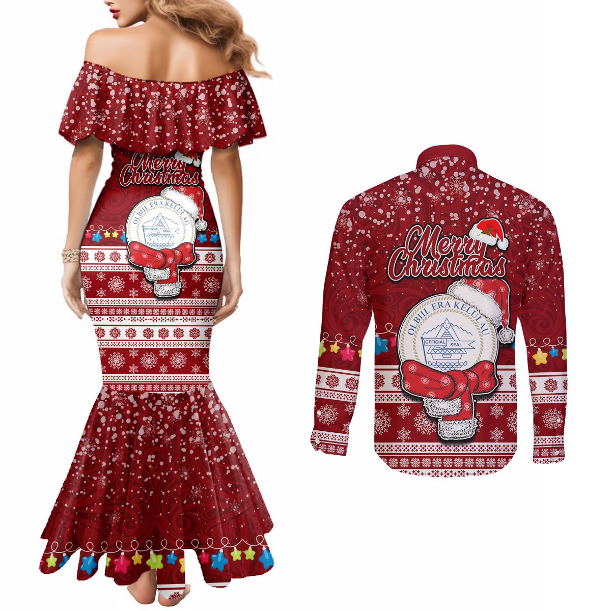 Palau Christmas Couples Matching Mermaid Dress and Long Sleeve Button Shirt Snowman and Palau Coat of Arms Maori Tribal Xmas Style LT03 - Polynesian Pride