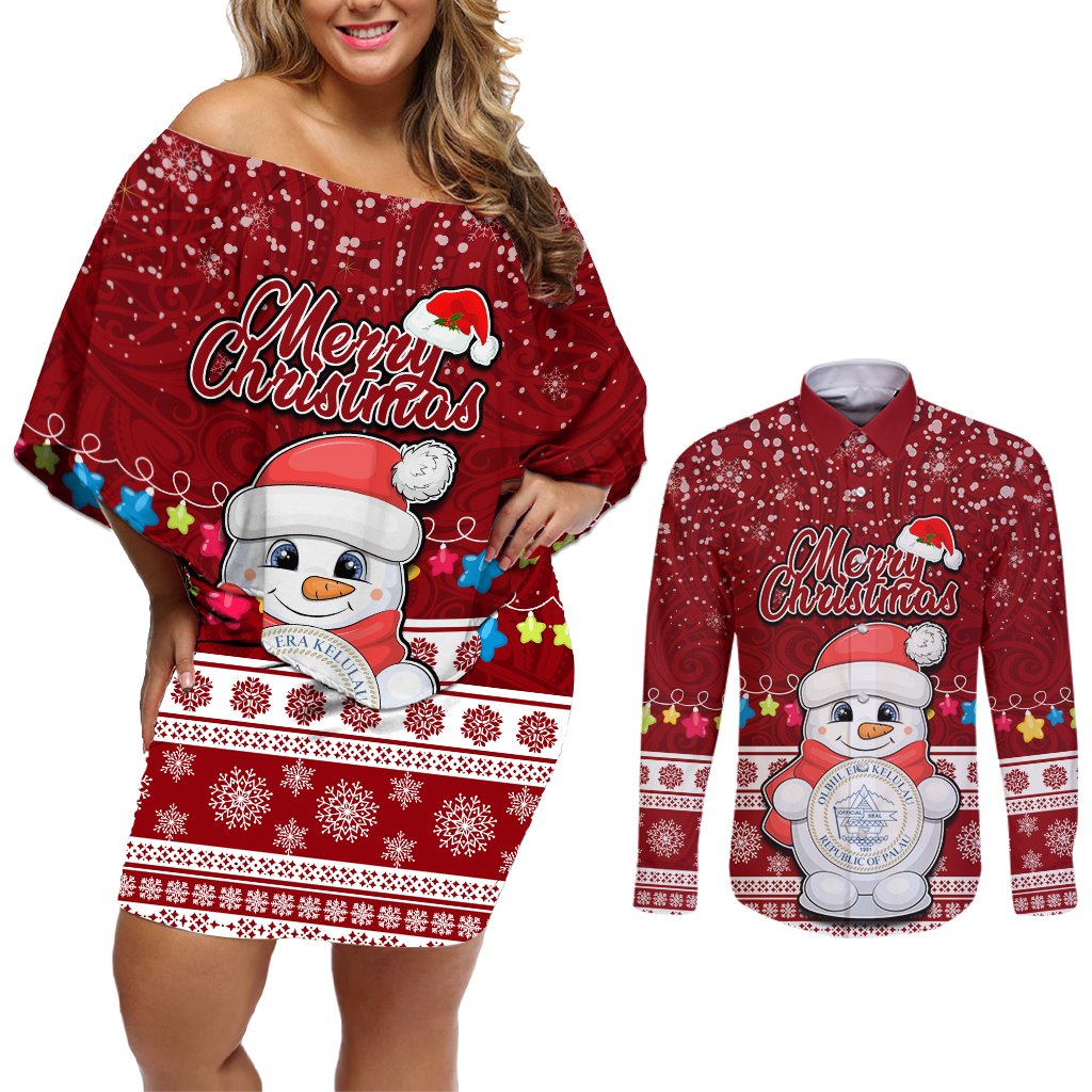 Palau Christmas Couples Matching Off Shoulder Short Dress and Long Sleeve Button Shirt Snowman and Palau Coat of Arms Maori Tribal Xmas Style LT03 Red - Polynesian Pride