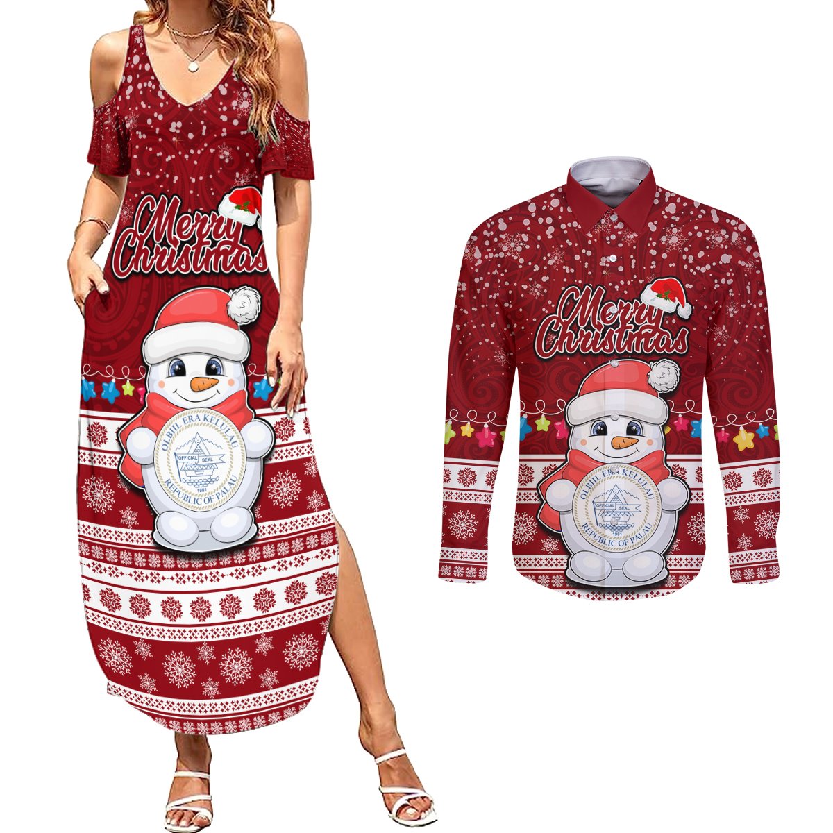 Palau Christmas Couples Matching Summer Maxi Dress and Long Sleeve Button Shirt Snowman and Palau Coat of Arms Maori Tribal Xmas Style LT03 Red - Polynesian Pride