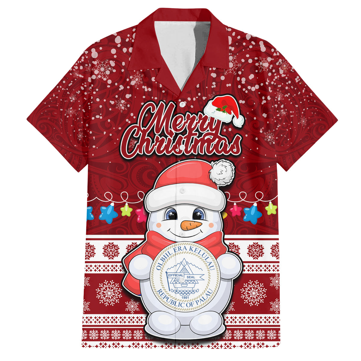 Palau Christmas Family Matching Off Shoulder Maxi Dress and Hawaiian Shirt Snowman and Palau Coat of Arms Maori Tribal Xmas Style LT03 Dad's Shirt - Short Sleeve Red - Polynesian Pride
