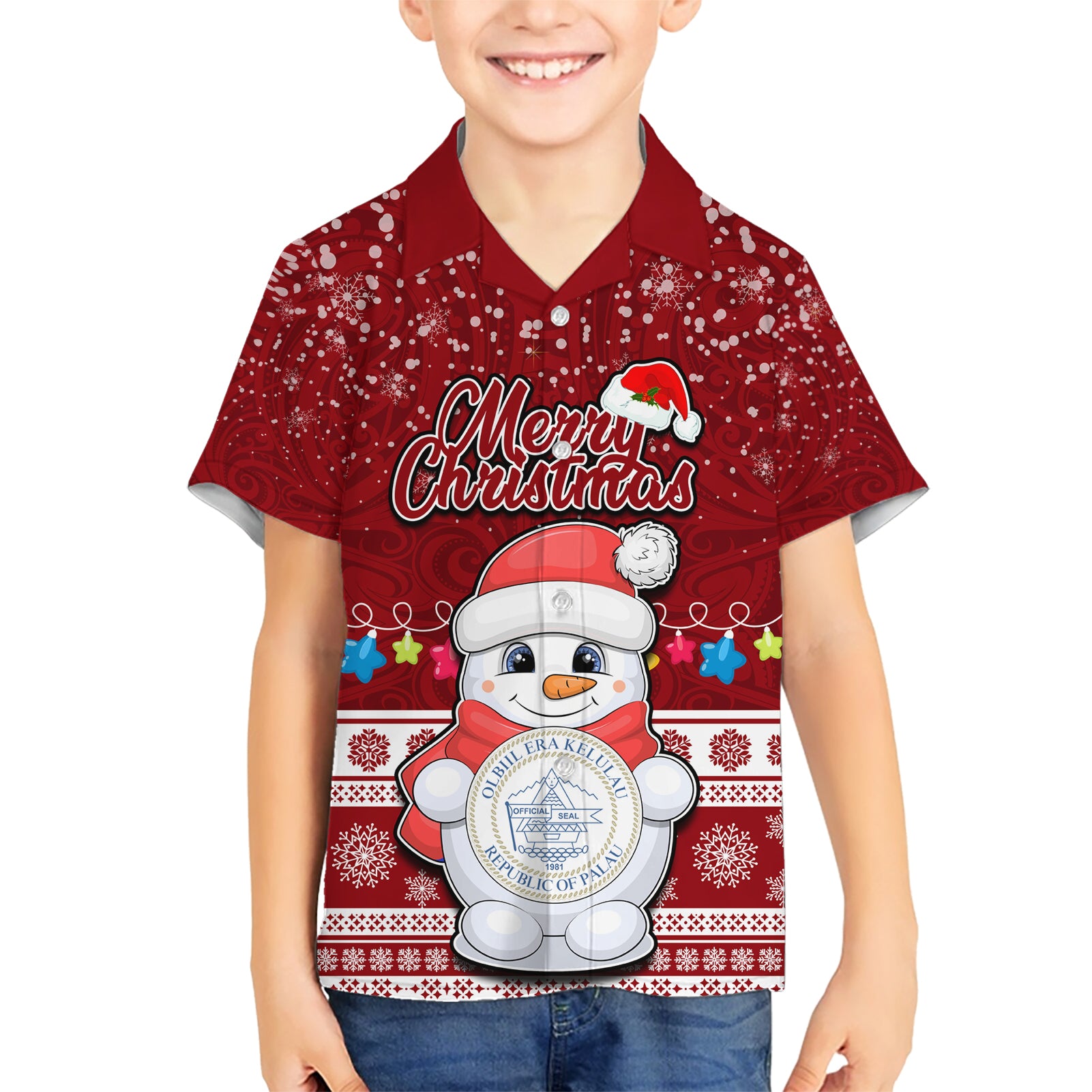 Palau Christmas Kid Hawaiian Shirt Snowman and Palau Coat of Arms Maori Tribal Xmas Style LT03 Kid Red - Polynesian Pride