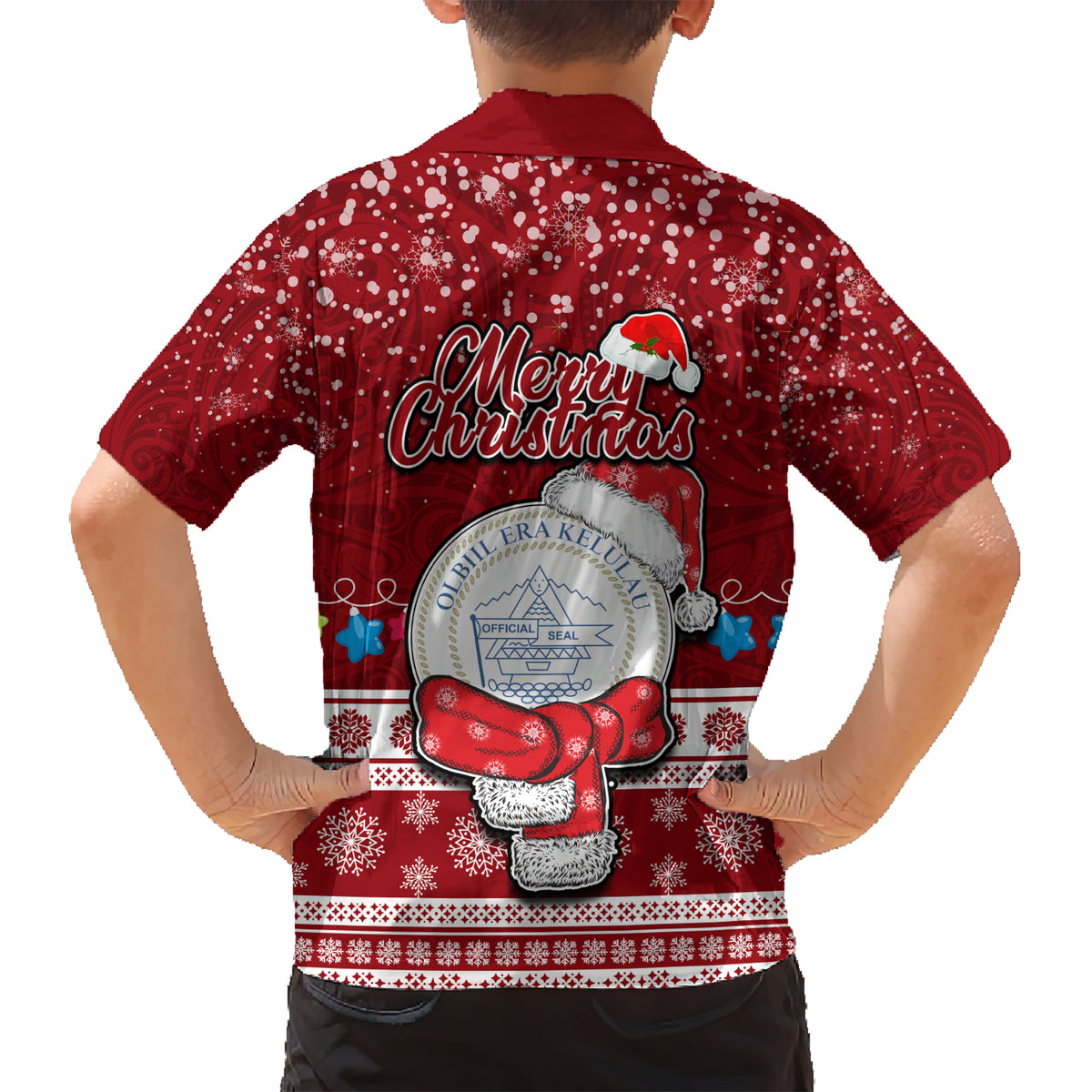 Palau Christmas Kid Hawaiian Shirt Snowman and Palau Coat of Arms Maori Tribal Xmas Style LT03 - Polynesian Pride