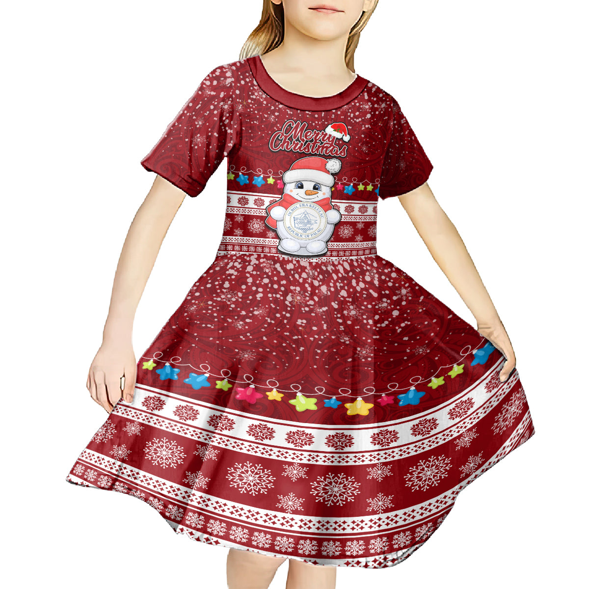 Palau Christmas Kid Short Sleeve Dress Snowman and Palau Coat of Arms Maori Tribal Xmas Style LT03 - Polynesian Pride