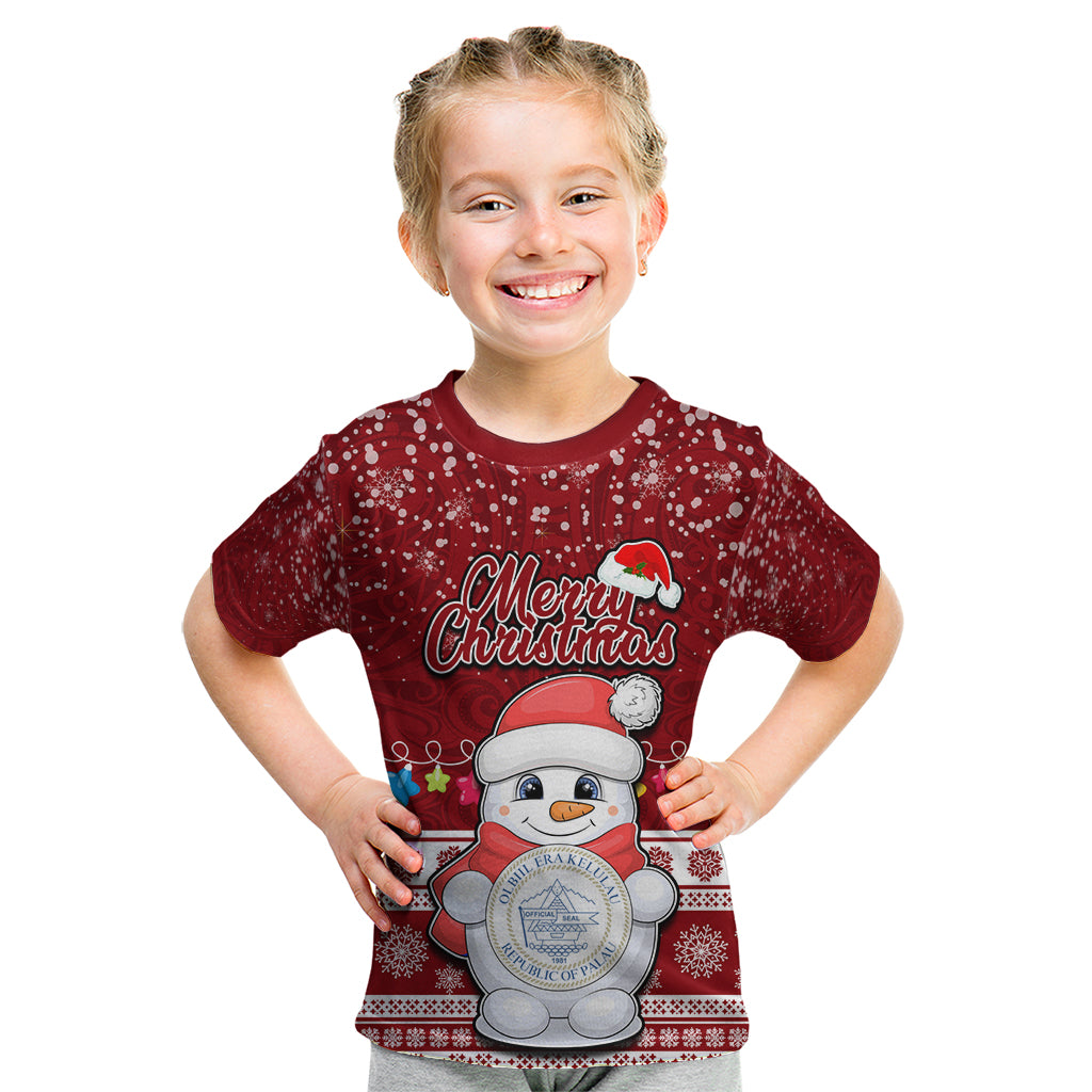Palau Christmas Kid T Shirt Snowman and Palau Coat of Arms Maori Tribal Xmas Style LT03 Red - Polynesian Pride