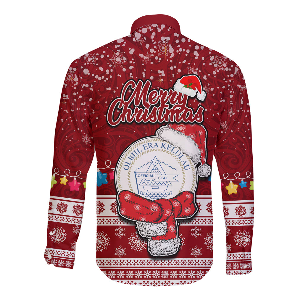 Palau Christmas Long Sleeve Button Shirt Snowman and Palau Coat of Arms Maori Tribal Xmas Style LT03 - Polynesian Pride