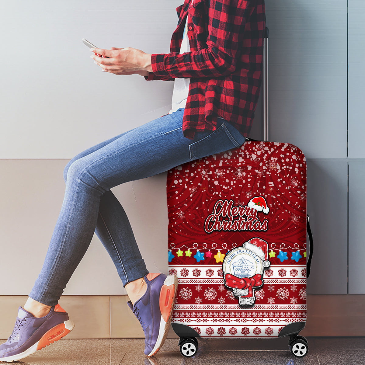 Palau Christmas Luggage Cover Snowman and Palau Coat of Arms Maori Tribal Xmas Style LT03 - Polynesian Pride