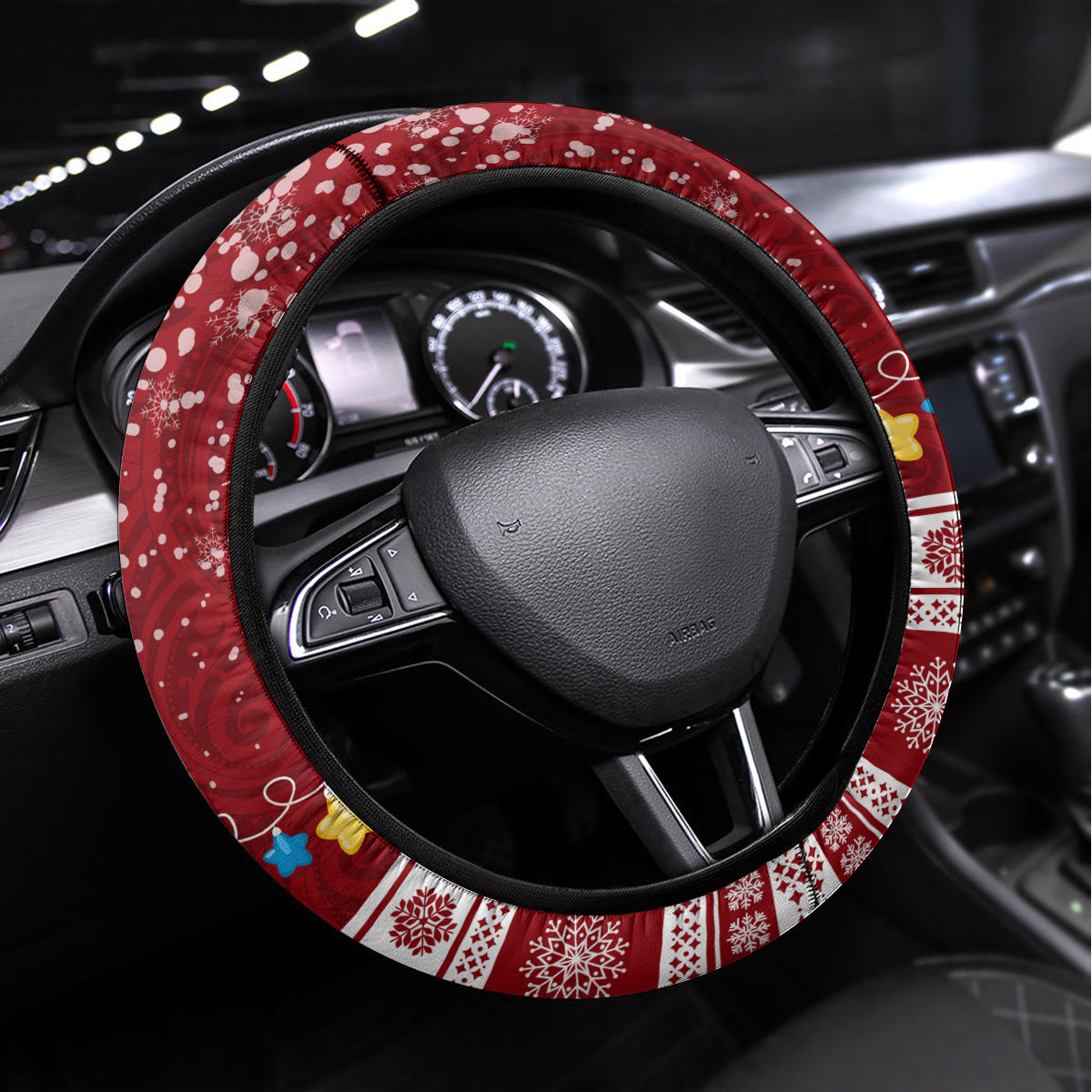 Palau Christmas Steering Wheel Cover Snowman and Palau Coat of Arms Maori Tribal Xmas Style LT03 Universal Fit Red - Polynesian Pride