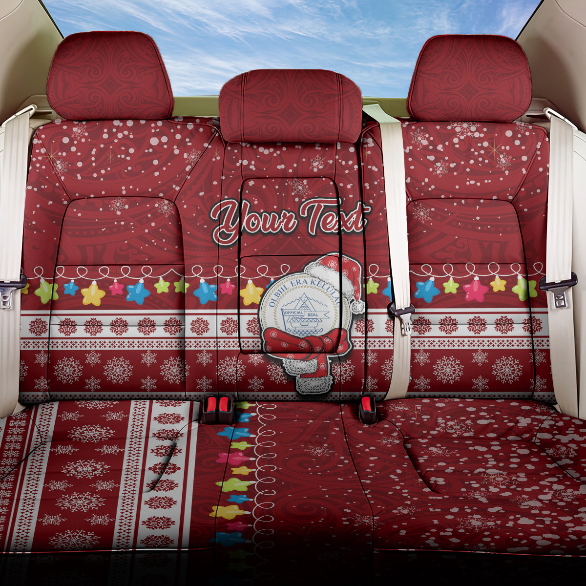 Personalised Palau Christmas Back Car Seat Cover Snowman and Palau Coat of Arms Maori Tribal Xmas Style LT03 One Size Red - Polynesian Pride